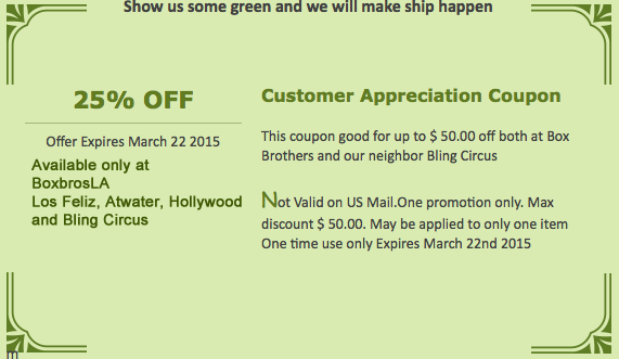 St. Patrick's Day savings coupon on shipping packing, and supplies